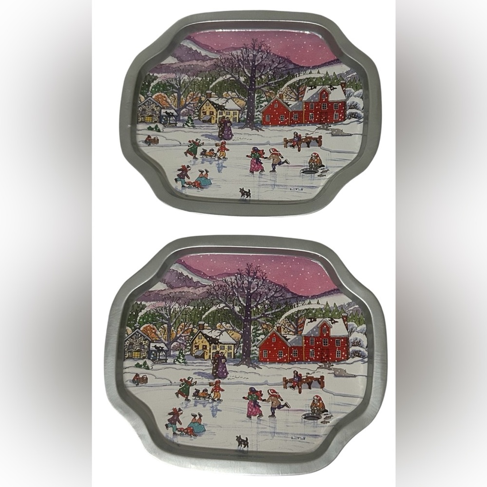 VINTAGE TIN CHRISTMAS TRAYS SET OF 2 WINTER SKATING SCENE